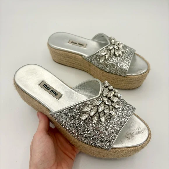 Miu Miu Women's Crystal-Embellished Glitter Platform Sandals Size 36 US Size 6 - Picture 2 of 8